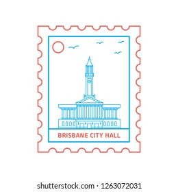 BRISBANE CITY HALL postage stamp Blue and red Line Style, vector illustration