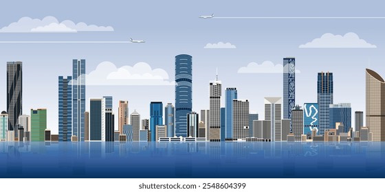Brisbane city skyline on gradient beautiful day sky background. Vector illustration