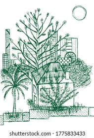 Brisbane freehand sketch of CBD district seen from Highgate Hill park