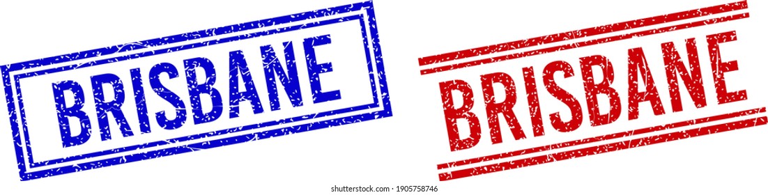 BRISBANE seal overlays with grunge texture. Vectors designed with double lines, in blue and red variants. Label placed inside double rectangle frame and parallel lines.