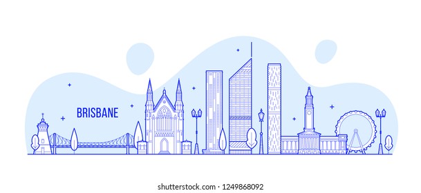 Brisbane skyline, Queensland, Australia. This illustration represents the city with its most notable buildings. Vector is fully editable, every object is holistic and movable