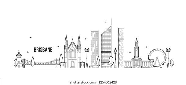 Brisbane skyline, Queensland, Australia. This illustration represents the city with its most notable buildings. Vector is fully editable, every object is holistic and movable