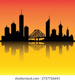 Brisbane Skyline Silhouette – Story Bridge Sunset Reflection Art. A vibrant sunset‑themed silhouette of the Brisbane skyline featuring the iconic Story Bridge at the center. The dark urban outline contrasts with a warm gradient sky transitioning from red to yellow, while the mirrored reflection in the water adds depth and symmetry. This striking artwork is ideal for posters, wall decor, travel‑themed prints, digital graphics and Australia‑inspired design projects.