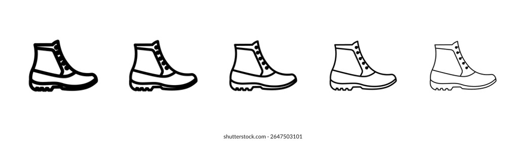 Conjunto de gráficos de iconos de botas brillantes. Estilo de línea de trazo de moda