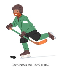 In der riskanten Winterluft schwebt ein entschlossener Junge über das Eis, der seinen Hockeystick mit Geschick und Freude manövriert und den Puck in einem winterlichen Spiel des Wintersports jagt. Cartoon-Vektorgrafik