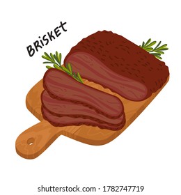 Brisket. Meat delicatessen on a wooden cutting board. Slices of barbecue beef brisket. Simple flat style vector illustration