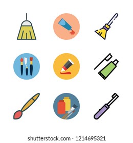 bristle icon set. vector set about paint tube, paint brush, toothbrush and broom icons set.