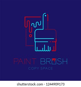 Bristle paint brush and bucket logo icon outline stroke set dash line design illustration isolated on dark blue background with Paint Brush text and copy space, vector eps 10