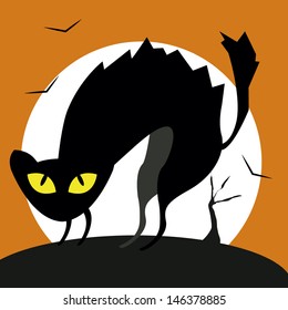 bristling black cat, halloween full moon, bat and tree silhouettes, orange background, black and white.