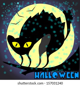 bristling black cat on a branch on a full moon, Halloween.