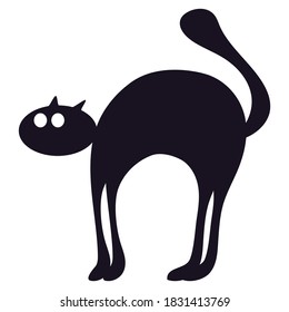 Bristling black cat silhouette for Halloween holiday. Scary angry black cat icon on white background. Halloween symbol for party design. Vector illustration