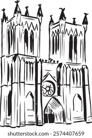 Bristol Cathedral, Bristol, England black and white ink sketch. Gothic architecture with intricate stonework and glass windows. Historic landmark illustration. Perfect for tourism, travel and culture