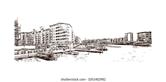 Bristol City in England, UK. Hand drawn sketch illustration in vector.