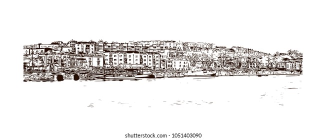 Bristol City in England, UK. Hand drawn sketch illustration in vector.