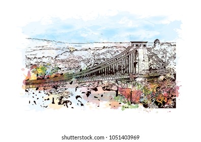 Bristol City in England, UK. Watercolor splah with Hand drawn sketch illustration in vector.