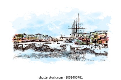 Bristol City in England, UK. Watercolor splah with Hand drawn sketch illustration in vector.