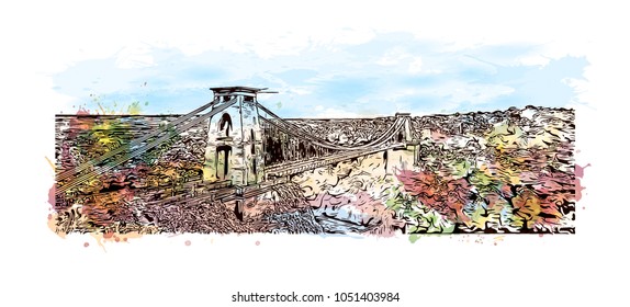 Bristol City in England, UK. Watercolor splah with Hand drawn sketch illustration in vector.