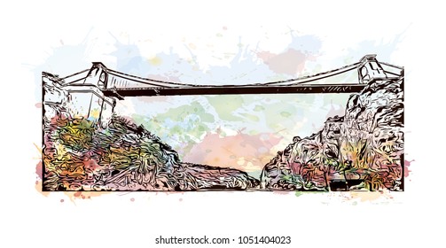 Bristol City in England, UK. Watercolor splah with Hand drawn sketch illustration in vector.