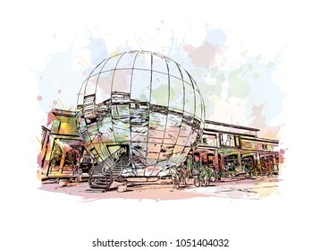 Bristol City in England, UK. Watercolor splah with Hand drawn sketch illustration in vector.