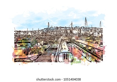 Bristol City in England, UK. Watercolor splah with Hand drawn sketch illustration in vector.