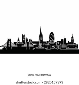 Bristol city skyline silhouette vector illustration featuring Clifton Suspension Bridge, St Mary Redcliffe church, and urban landmarks on white background for graphic design.