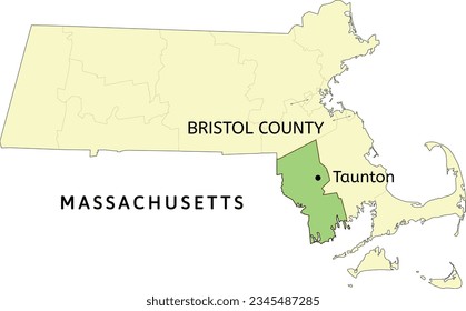 Bristol County and city of Taunton location on Massachusetts state map