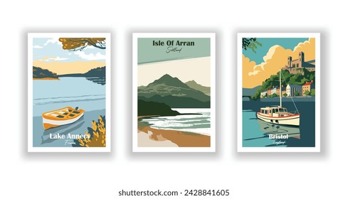 Bristol, Inglaterra. Isla De Arran, Escocia. Lago de Annecy, Francia - Cartel de viaje vintage. Ilustración vectorial. Impresiones de alta calidad