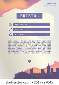 Bristol, England vector infographics, brochure layout. Guide, leaflet, flyer, advertising graphic template with text, information, UK city skyline shape. Page, festival, cover mock up image
