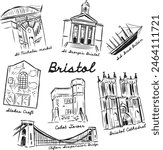 Bristol landmarks illustration. Architecture buildings sketches. St Nicholas market, St George