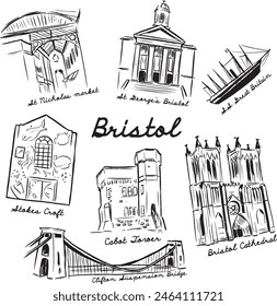 Ilustración de Lugares famosos de Bristol. Arquitectura edificios bocetos. Mercado de San Nicolás, St George, SS Gran Bretaña, Stokes Croft, Cabot Tower, Catedral de Bristol, Clifton Suspension Bridge dibujos. 