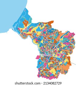 Bristol, South West England, England colorful high resolution vector art map with city boundaries. White outlines for main roads. Many details. Blue shapes for water. 