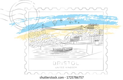 Bristol Stamp, Vector Illustration And Typography Design, River Avon And Clifton Suspension Bridge, Bristol, England, UK