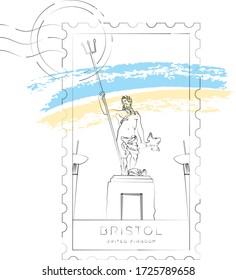 Bristol stamp, vector illustration and typography design, Neptune's statue, Bristol, England, UK