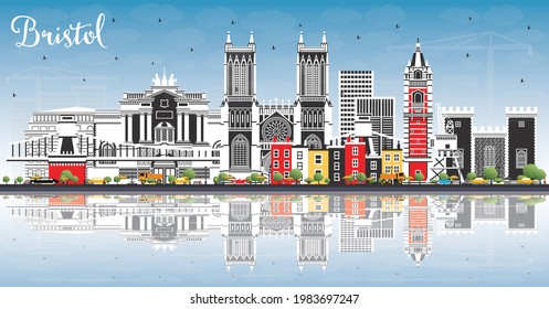 Bristol UK City Skyline with Color Buildings, Blue Sky and Reflections. Vector Illustration. Bristol England Cityscape with Landmarks. Business Travel and Tourism Concept with Historic Architecture.