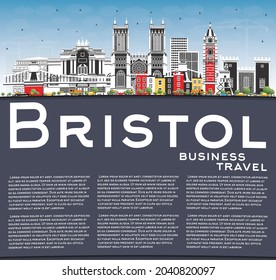 Bristol UK City Skyline with Color Buildings, Blue Sky and Copy Space. Vector Illustration. Bristol England Cityscape with Landmarks. Business Travel and Tourism Concept with Historic Architecture.