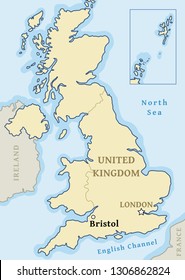 Bristol UK map location - city marked in United Kingdom (UK map). Vector illustration.