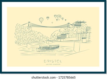 Bristol Vector Illustration And Typography Design, River Avon And Clifton Suspension Bridge, Bristol, England, UK