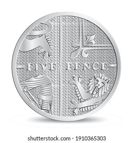 Britain five pence coin silver isolated white background in vector illustration
