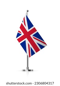 Britain flag on pole vector illustration. 3D realistic British national symbol on mini vertical stand, UK flagpole with stick for contest and office conference, isolated flagstaff billboard.