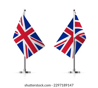 Britain flags on poles set vector illustration. 3D realistic British national symbol on mini vertical stand, UK flagpole with stick for contest and office conference, isolated flagstaff billboards