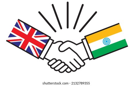 Britain and India, hands with flags are shaking hands. Image illustrations of wars, conflicts, alliances, reconciliations, agreements between nations, icons.