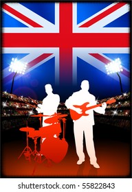 Britain Live Music Band on Stadium Concert Background with Flag Original Illustration