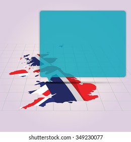 Britain Map With Flag Inside In Perspective View And Speech Bubble.