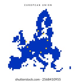 Britain is part of the European Union. Pixel flag map icon. 8 bit pixel art EU and UK map covered with flag. Flat vector illustration isolated on white background.