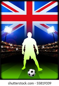 Britain Soccer Player on Stadium Background with Flag Original Illustration