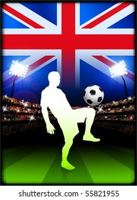 Jogador de futebol britânico no fundo do estádio com bandeira ilustração original