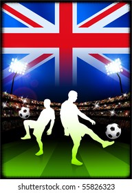 Britain Soccer Player on Stadium Background with Flag Original Illustration