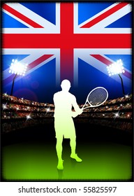 Britain Tennis Player on Stadium Background with Flag Original Illustration