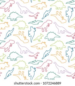 Brite line art with dinosaurssilhouettes. Seamless pattern