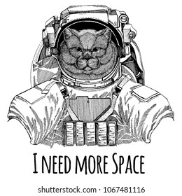 Brithish noble cat Male Astronaut. Space suit. Hand drawn image of lion for tattoo, t-shirt, emblem, badge, logo patch kindergarten poster children clothing